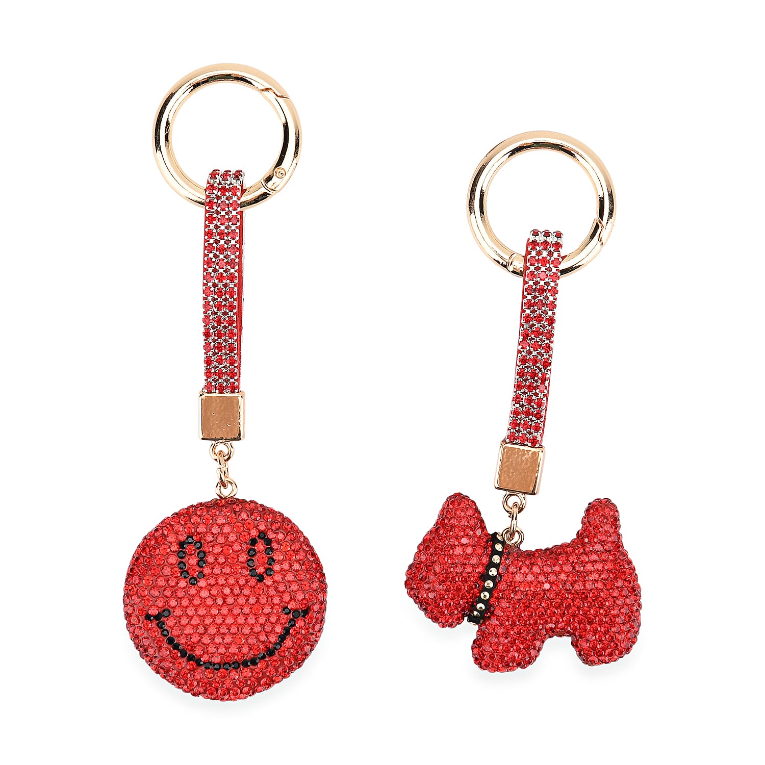 Designer Inspired - Set of 2 Sparkling Dog & Smiling Face Keychain-Bag Charm - Red