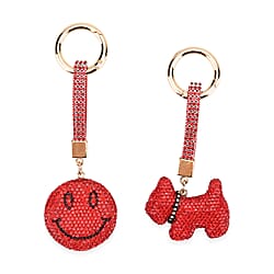 Designer Inspired - Set of 2 Sparkling Dog and Smiling Face Keychain-Bag Charm - Gold