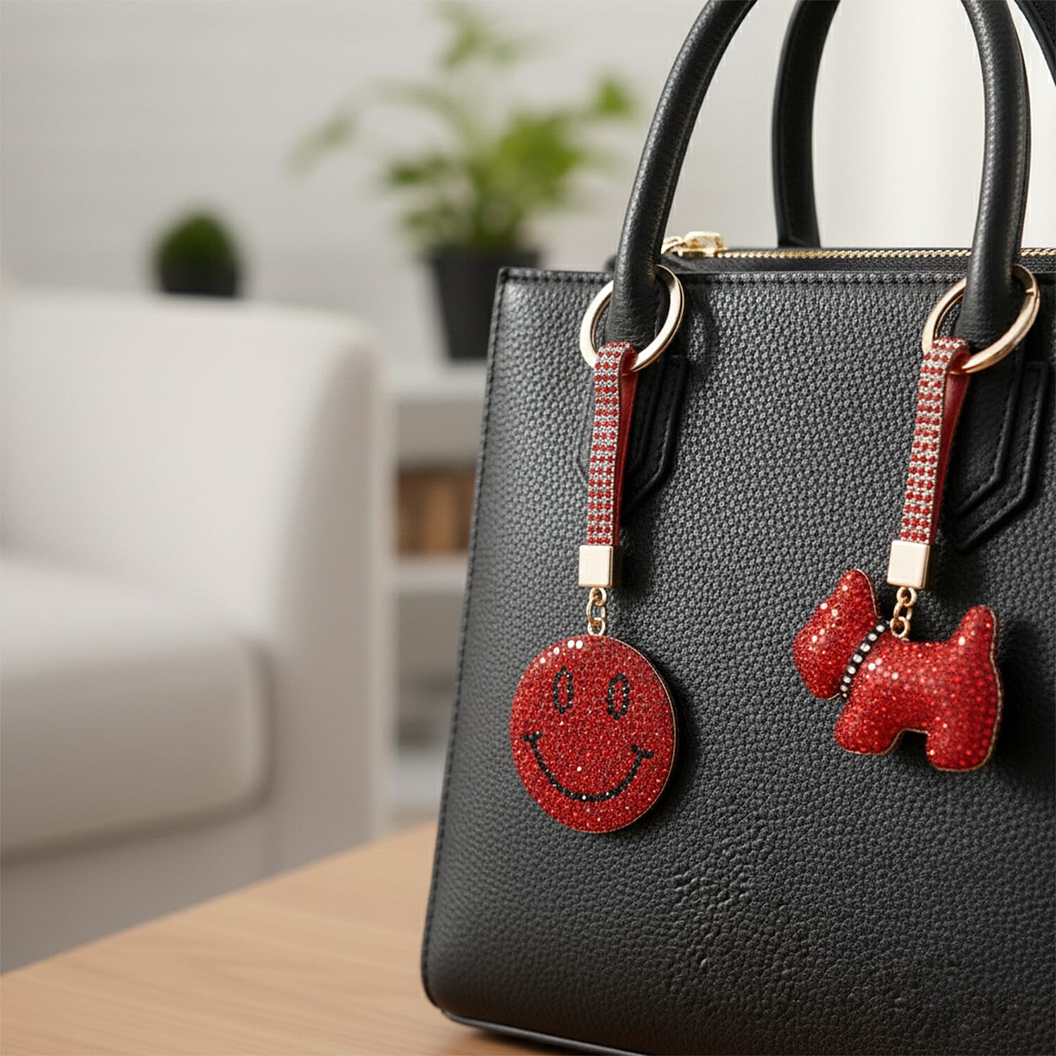 Designer Inspired - Set of 2 Sparkling Dog & Smiling Face Keychain-Bag Charm - Red