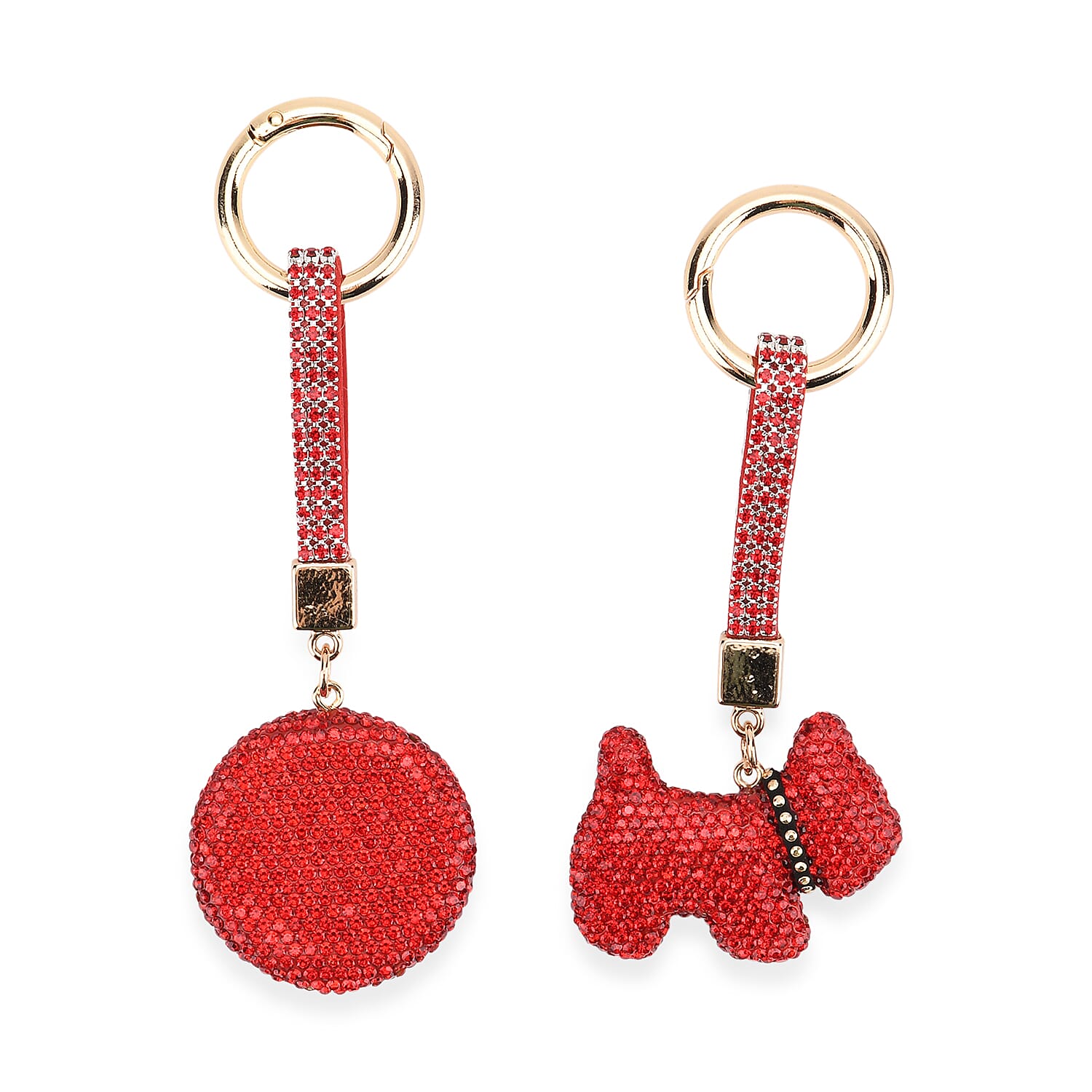 Designer Inspired - Set of 2 Sparkling Dog & Smiling Face Keychain-Bag Charm - Red