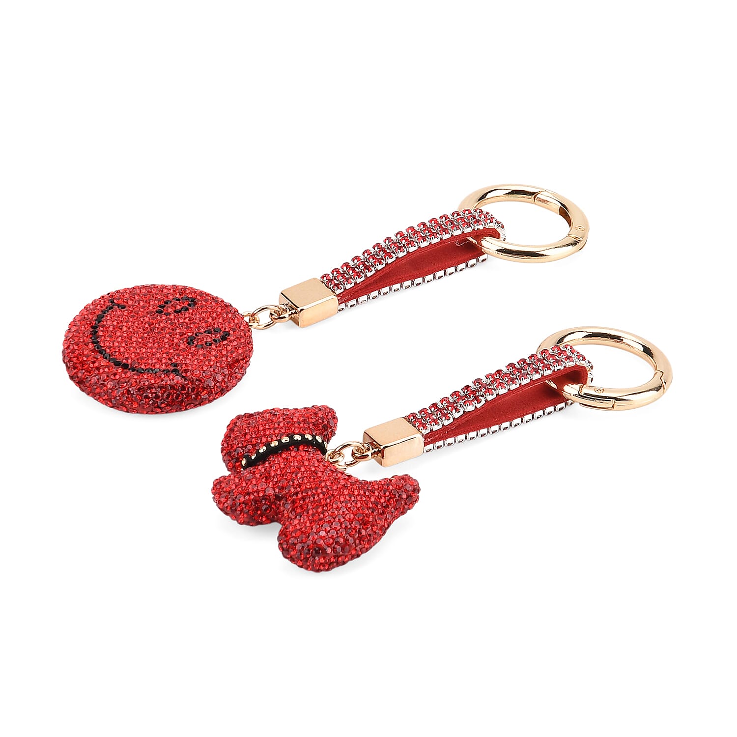 Designer Inspired - Set of 2 Sparkling Dog & Smiling Face Keychain-Bag Charm - Red