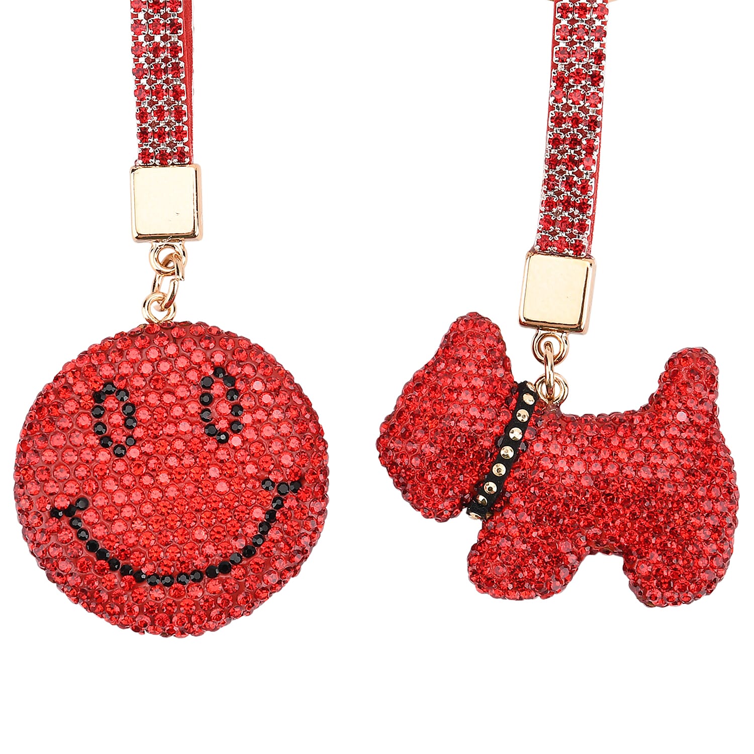 Designer Inspired - Set of 2 Sparkling Dog & Smiling Face Keychain-Bag Charm - Red