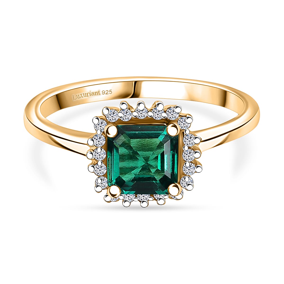 Luxuriant - Lab Grown Emerald & Diamond (SI-GH) Ring in 18K Vermeil Yellow Gold Plated Sterling Silver 1.16 Ct.