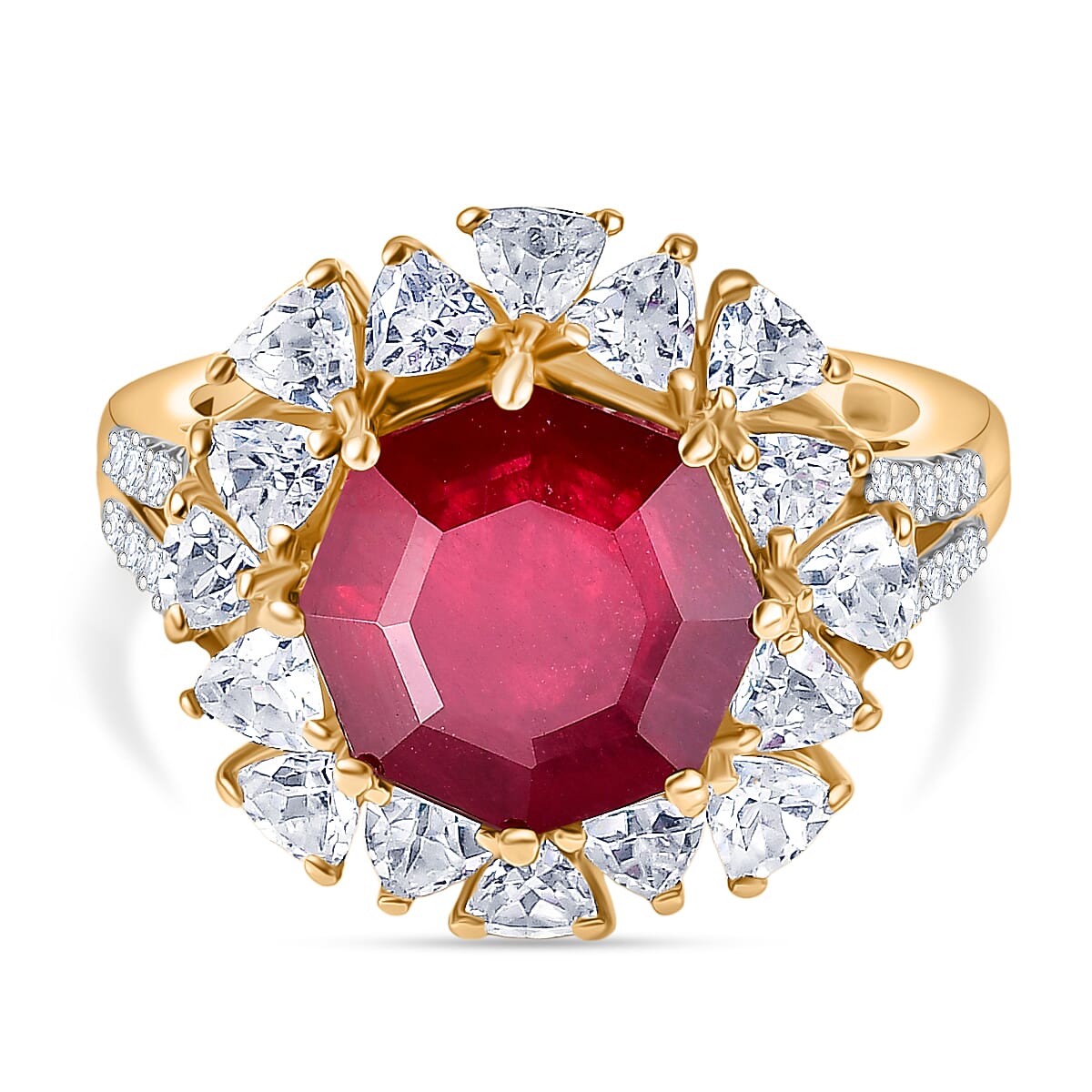 First Time Ever Octillion Cut African Ruby & White Zircon Ring in 18K Vermeil Yellow Gold Plated Sterling Silver 8.79 Ct.