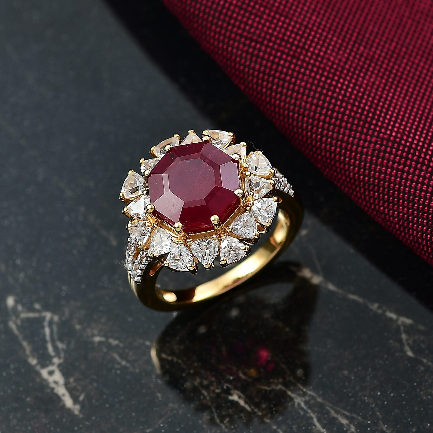First Time Ever Octillion Cut African Ruby & White Zircon Ring in 18K Vermeil Yellow Gold Plated Sterling Silver 8.79 Ct.