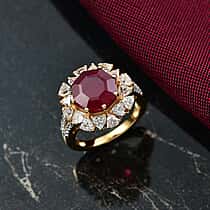 Octillion Cut African Ruby &amp; White Zircon Ring in 18K Vermeil Yellow Gold Plated Sterling Silver 8.79 Ct.