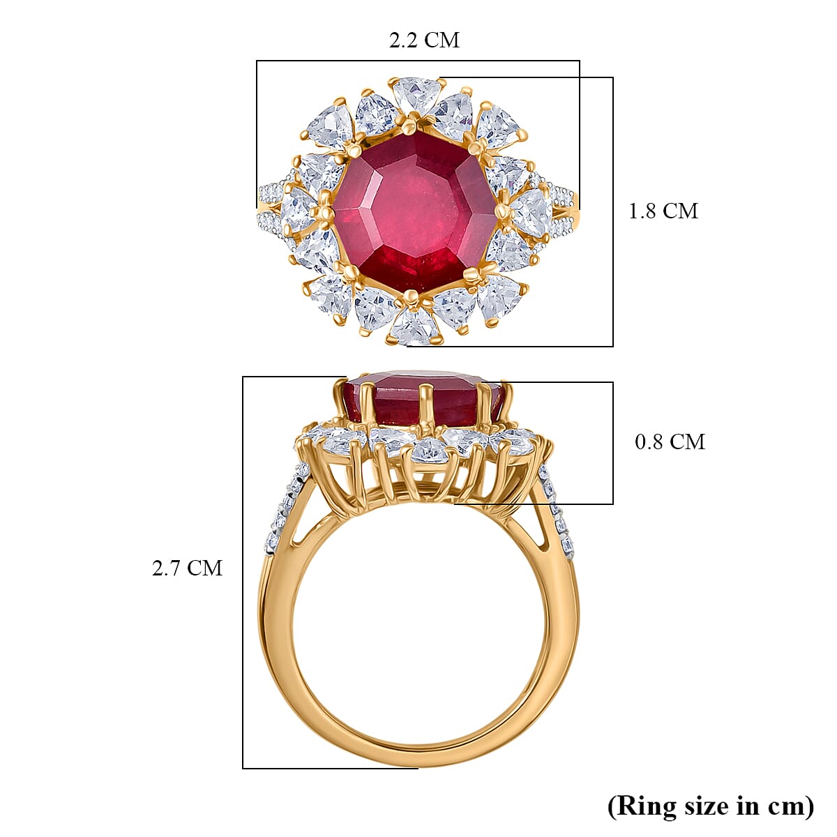 First Time Ever Octillion Cut African Ruby & White Zircon Ring in 18K Vermeil Yellow Gold Plated Sterling Silver 8.79 Ct.