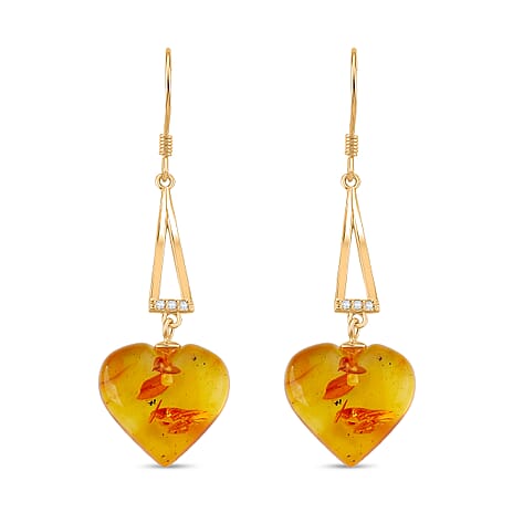 D'Joy Heart Shape Amber & White Zircon Earring with Hook in Yellow Gold Plated Sterling Silver 4.71 Ct.