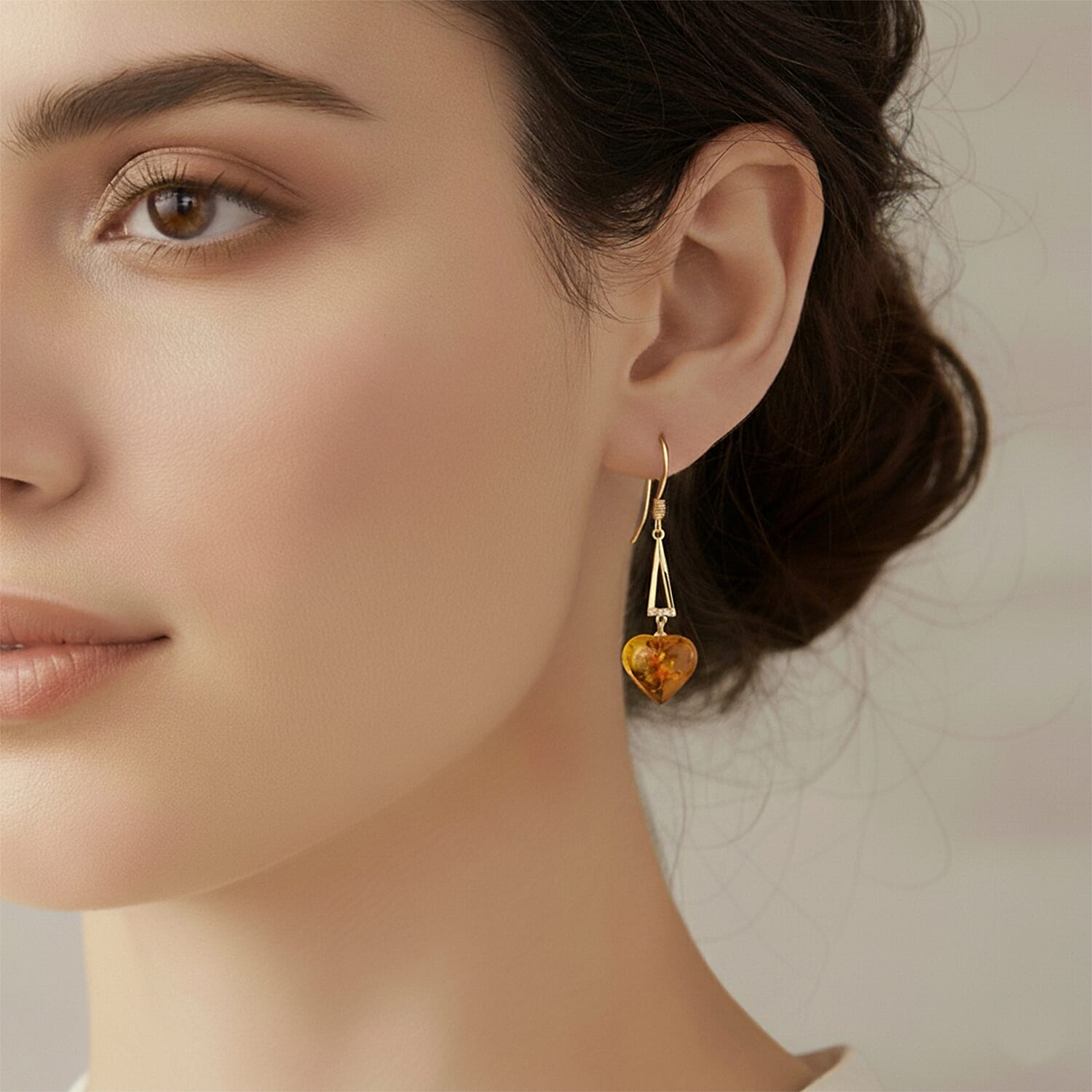 D'Joy Heart Shape Amber & White Zircon Earring with Hook in Yellow Gold Plated Sterling Silver 4.71 Ct.