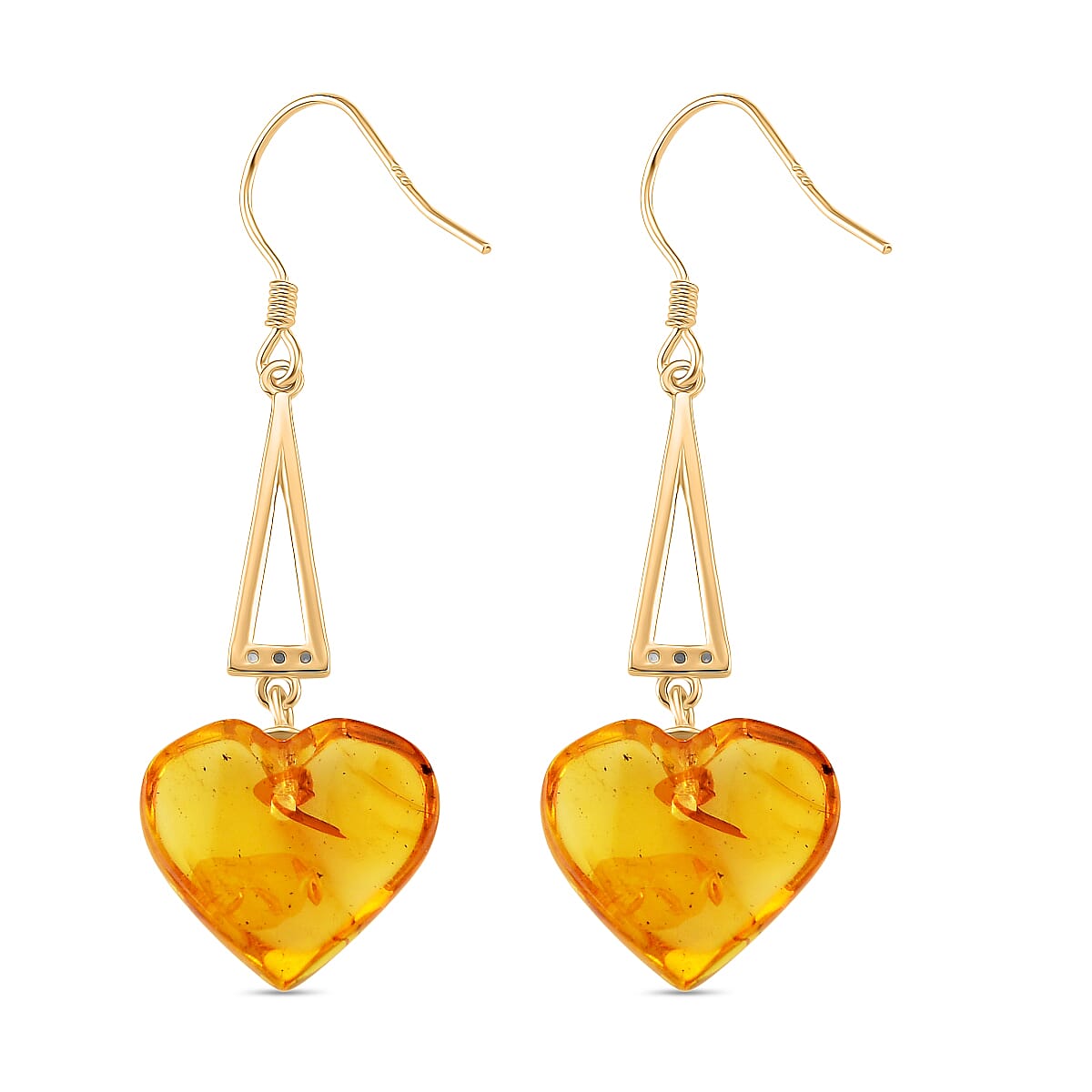 D'Joy Heart Shape Amber & White Zircon Earring with Hook in Yellow Gold Plated Sterling Silver 4.71 Ct.