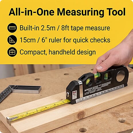 Multipurpose Laser Level Kit - 3 Laser Modes, 3 Bubble Levels, 2.5M Tape, Batteries Included - Black