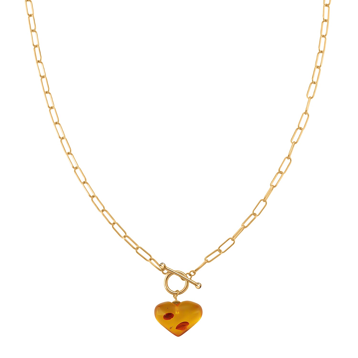 Close Out Deal-  Heart Shape Amber Necklace (Size 20) with T-Bar Clasp in Yellow Gold Overlay Sterling Silver