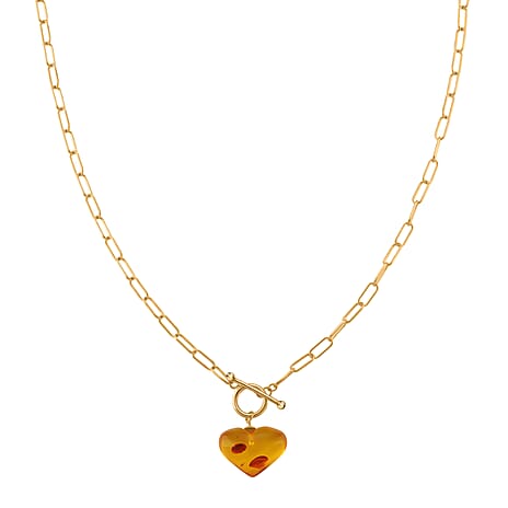 Close Out Deal-  Heart Shape Amber Necklace (Size 20) with T-Bar Clasp in Yellow Gold Overlay Sterling Silver