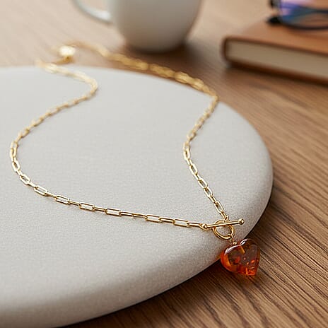 Close Out Deal-  Heart Shape Amber Necklace (Size 20) with T-Bar Clasp in Yellow Gold Overlay Sterling Silver