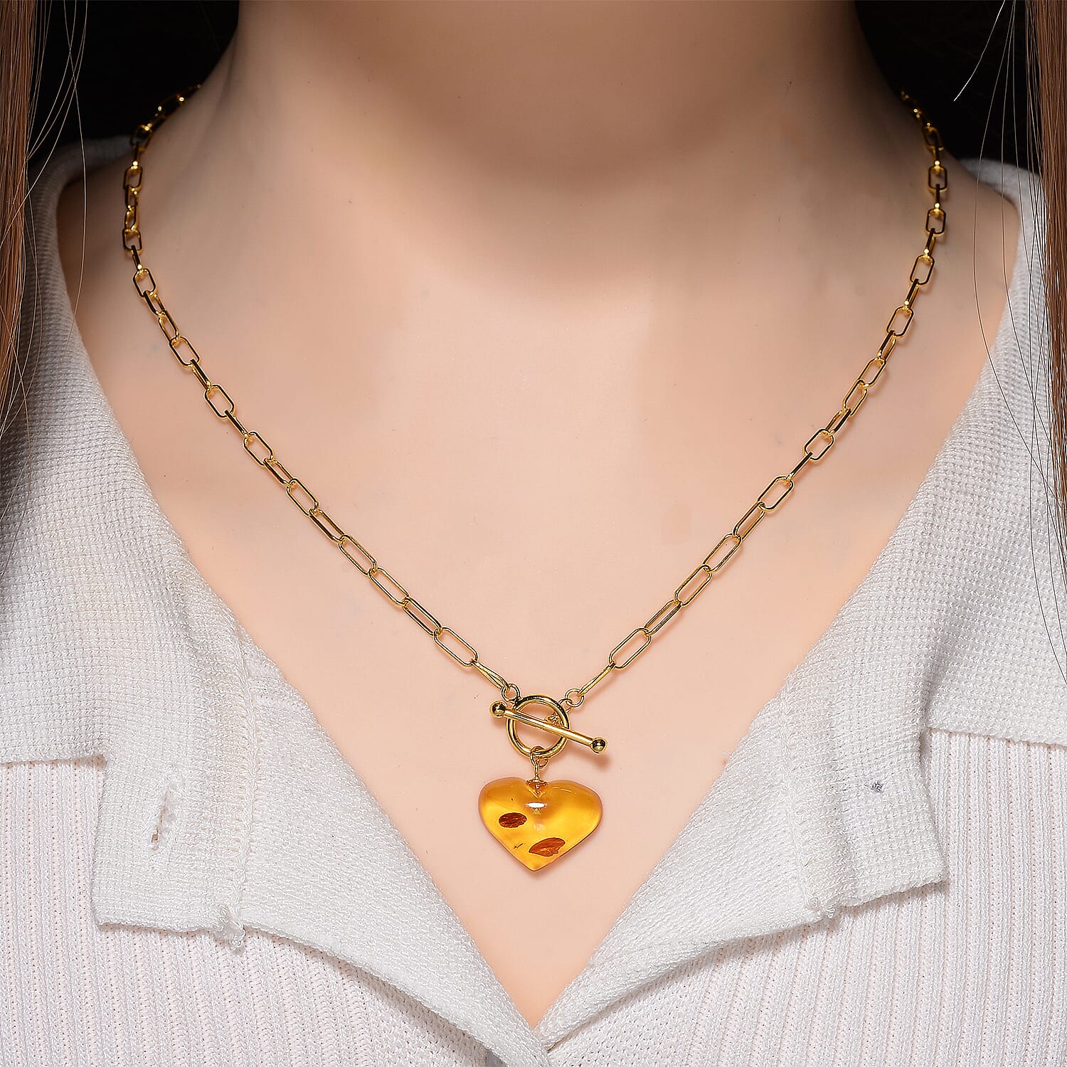 Close Out Deal-  Heart Shape Amber Necklace (Size 20) with T-Bar Clasp in Yellow Gold Overlay Sterling Silver