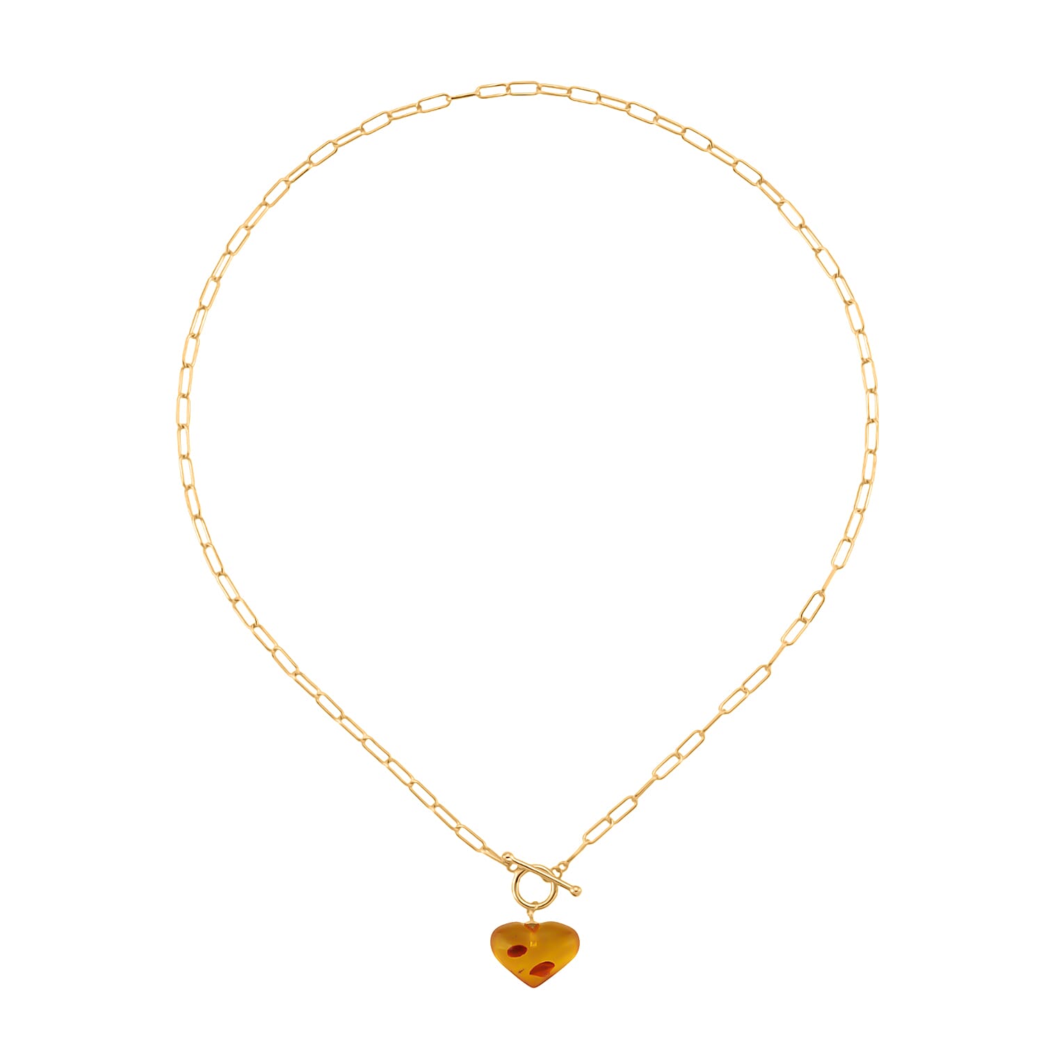 Close Out Deal-  Heart Shape Amber Necklace (Size 20) with T-Bar Clasp in Yellow Gold Overlay Sterling Silver