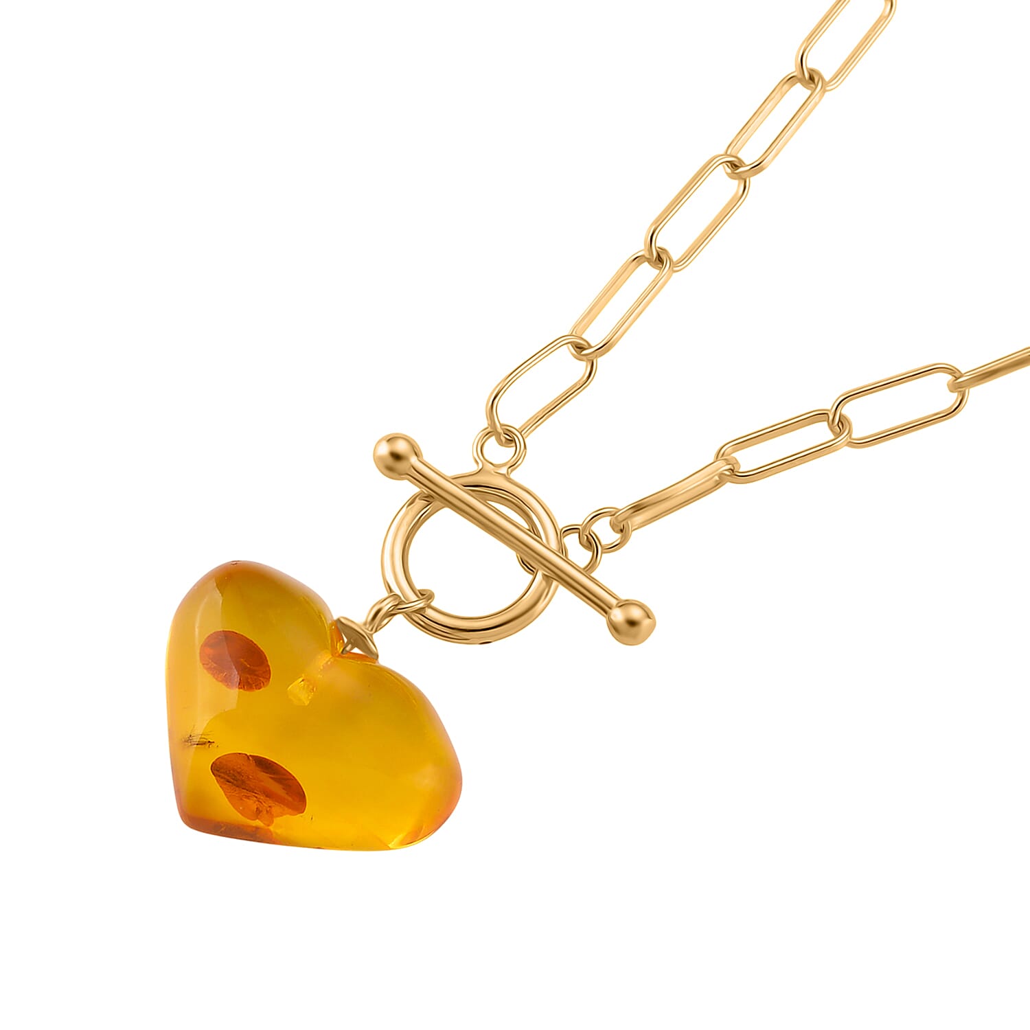 Close Out Deal-  Heart Shape Amber Necklace (Size 20) with T-Bar Clasp in Yellow Gold Overlay Sterling Silver