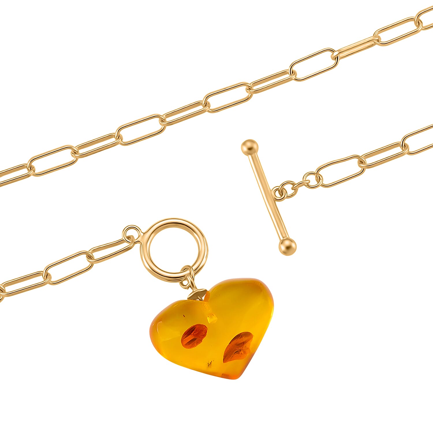 Close Out Deal-  Heart Shape Amber Necklace (Size 20) with T-Bar Clasp in Yellow Gold Overlay Sterling Silver
