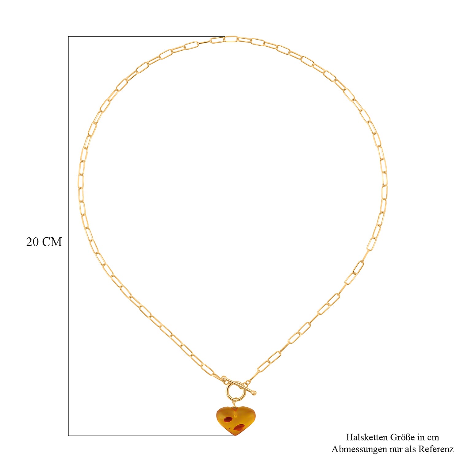 Close Out Deal-  Heart Shape Amber Necklace (Size 20) with T-Bar Clasp in Yellow Gold Overlay Sterling Silver
