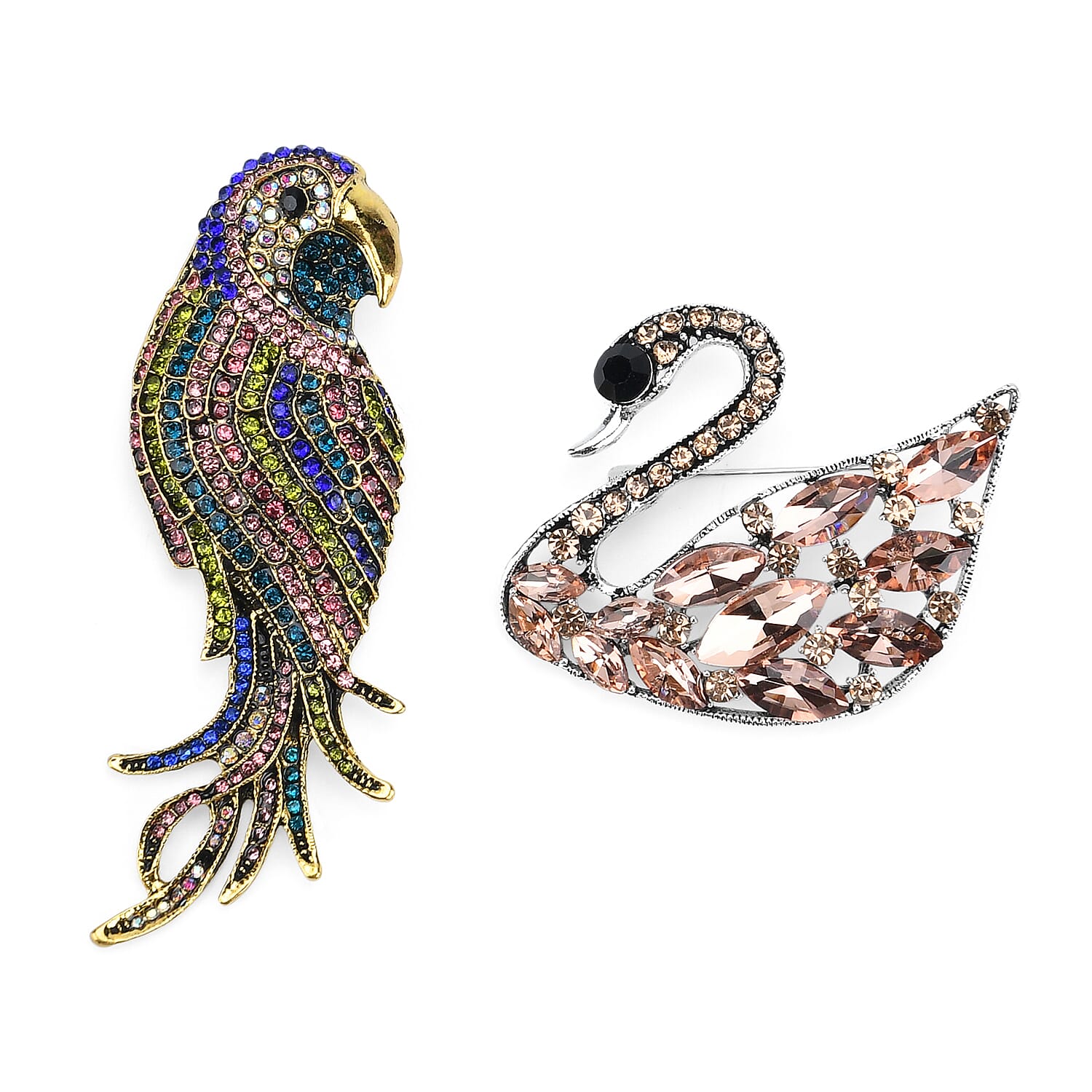 Set of 2 Swan & Butterfly Diamond Brooches - Multi Colour