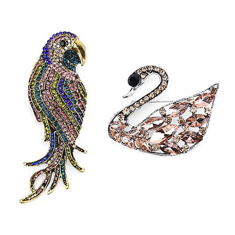 Set of 2 Swan & Butterfly Diamond Brooches - Multi Colour