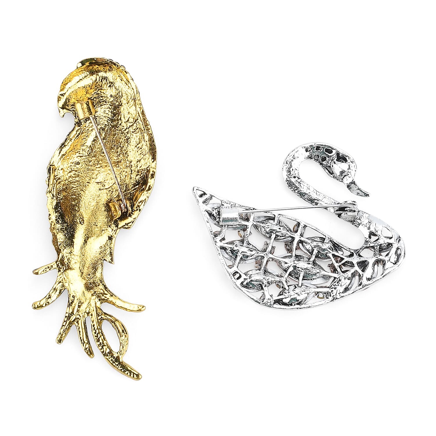 Set of 2 Swan & Butterfly Diamond Brooches - Multi Colour