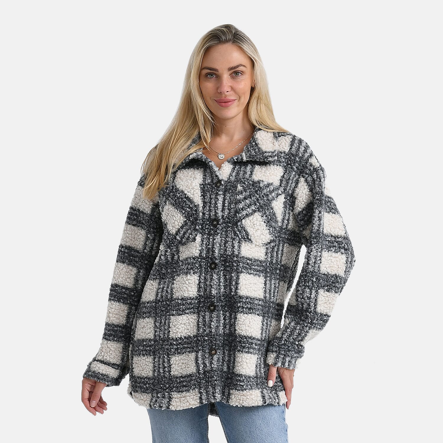 - Maisi Long Checked Shacket (Size S) - Off White - Grey