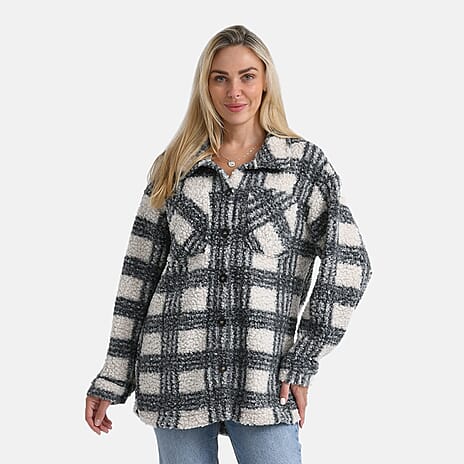- Maisi Long Checked Shacket (Size M) - Off White - Grey