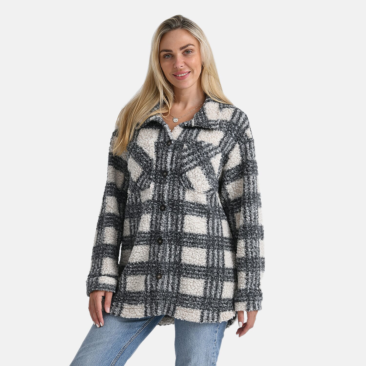 - Maisi Long Checked Shacket (Size XL) - Off White - Grey