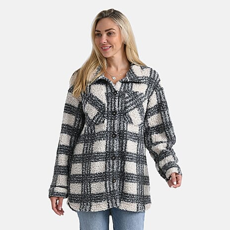 - Maisi Long Checked Shacket (Size XL) - Off White - Grey