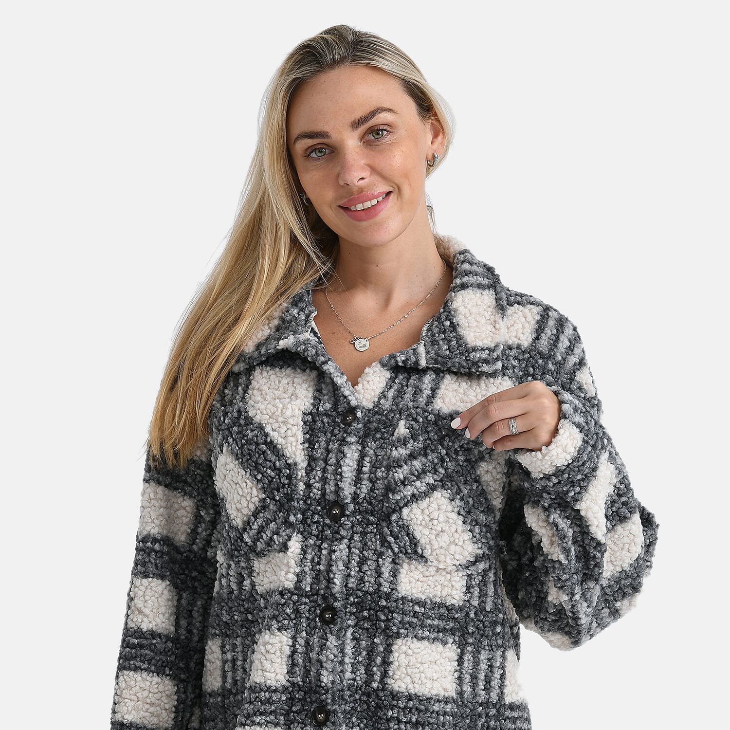 - Maisi Long Checked Shacket (Size XL) - Off White - Grey