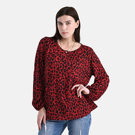 - Maisi Knitted Leopard Print Blouse (Size L) - Black - Red