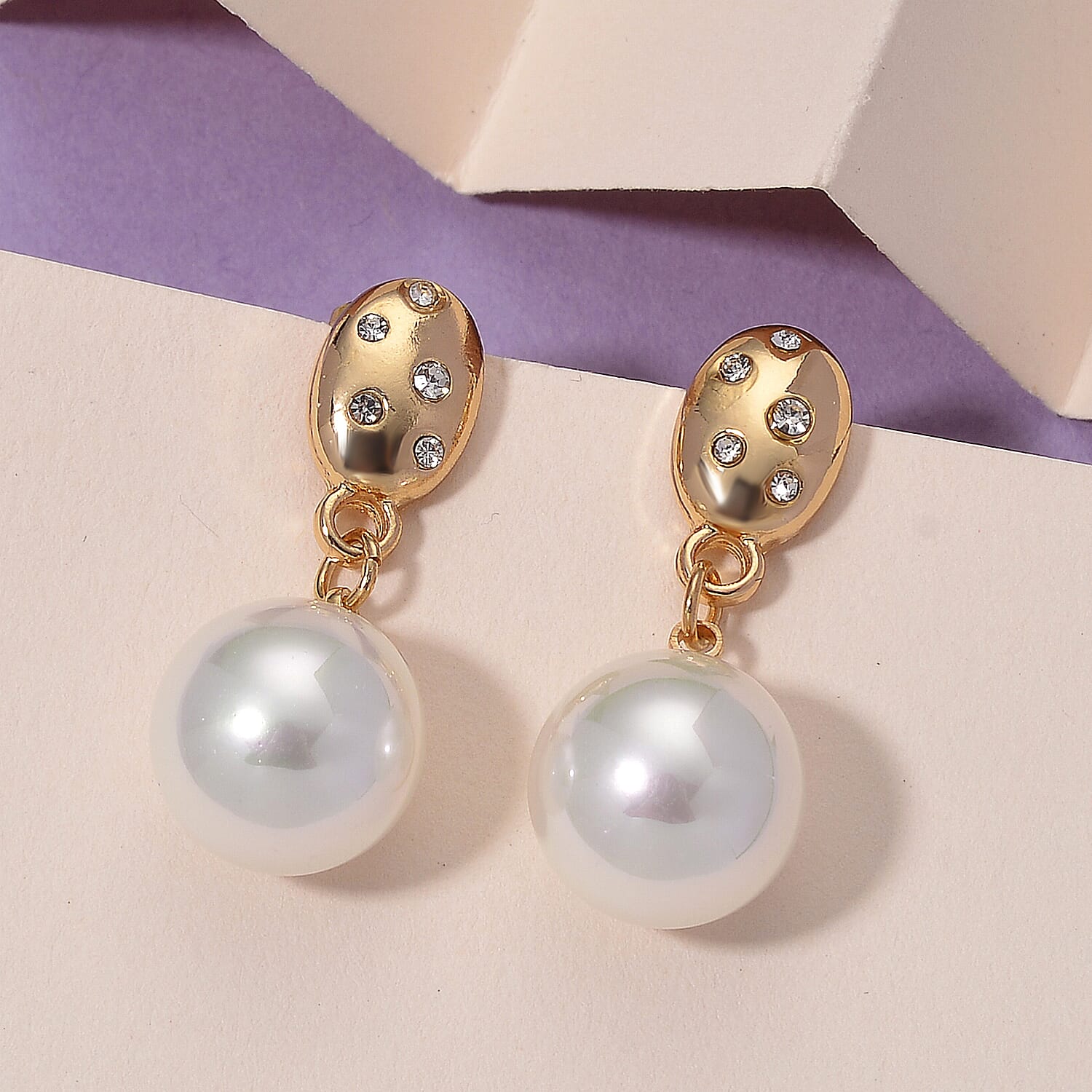 White Shell Pearl & Austrian White Crystal Earring with Push Back in Yellow Gold Plated 30.20 Ct.