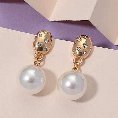 White Shell Pearl & Austrian White Crystal Earring with Push Back in Yellow Gold Plated 30.20 Ct.