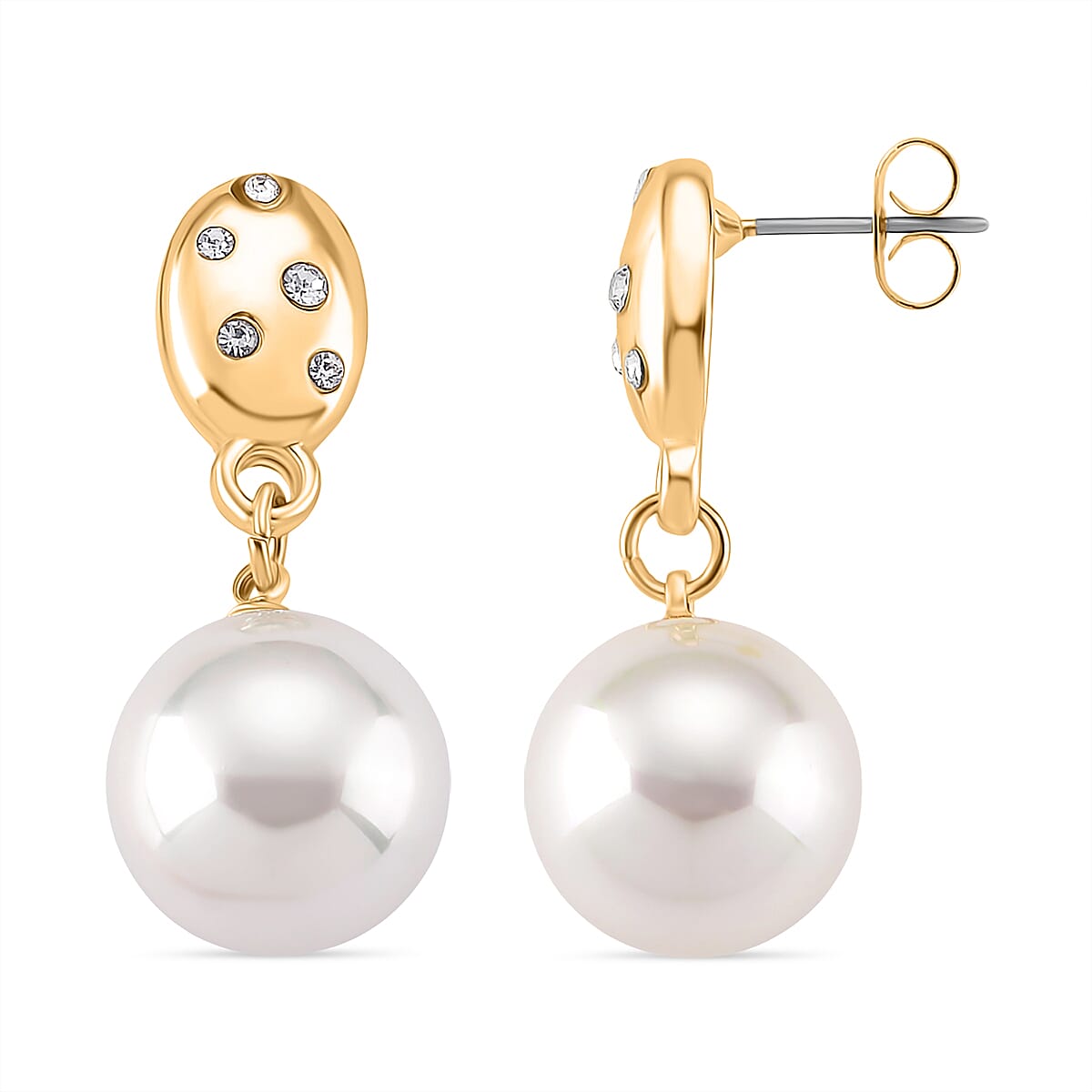 White Shell Pearl & Austrian White Crystal Earring with Push Back in Yellow Gold Plated 30.20 Ct.