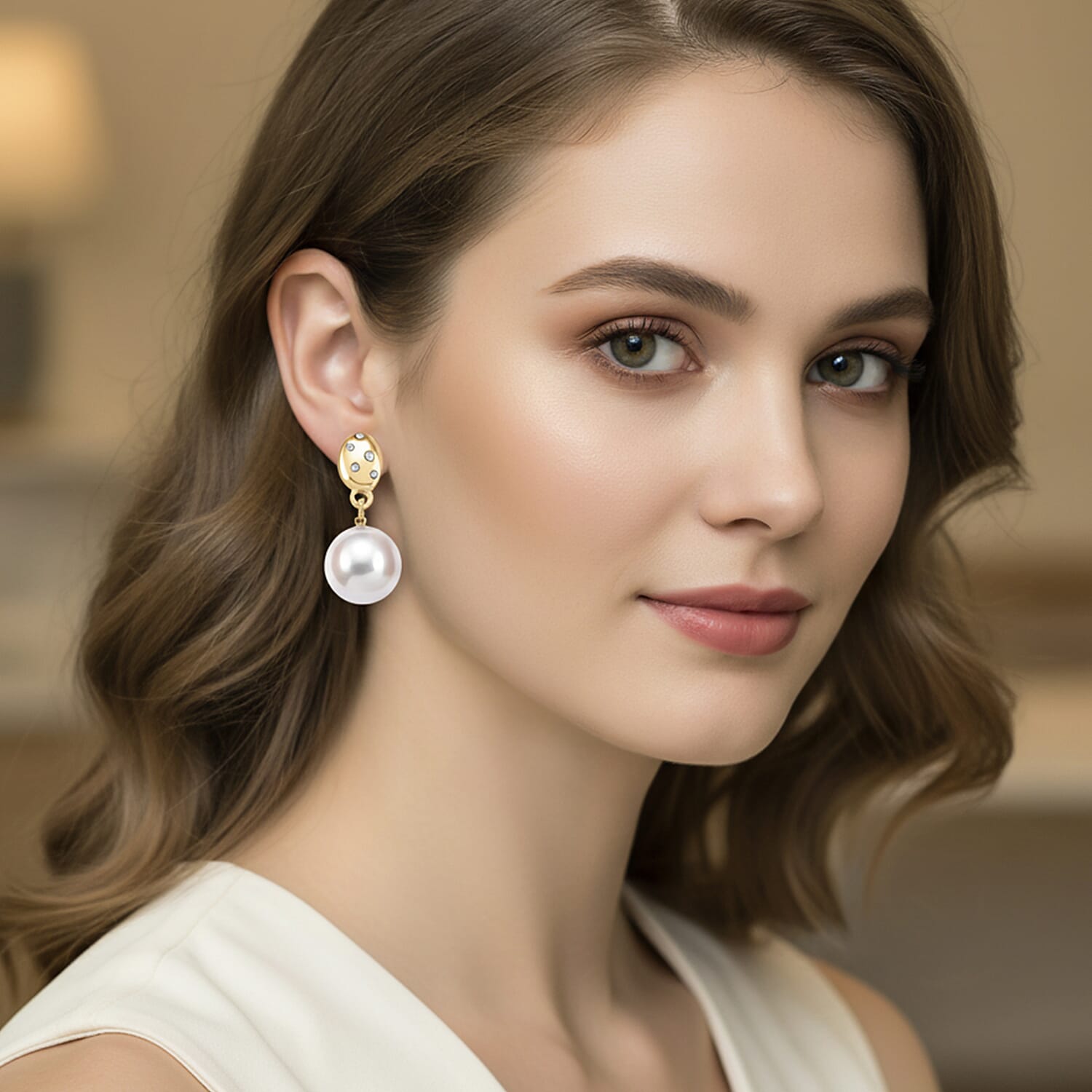 White Shell Pearl & Austrian White Crystal Earring with Push Back in Yellow Gold Plated 30.20 Ct.