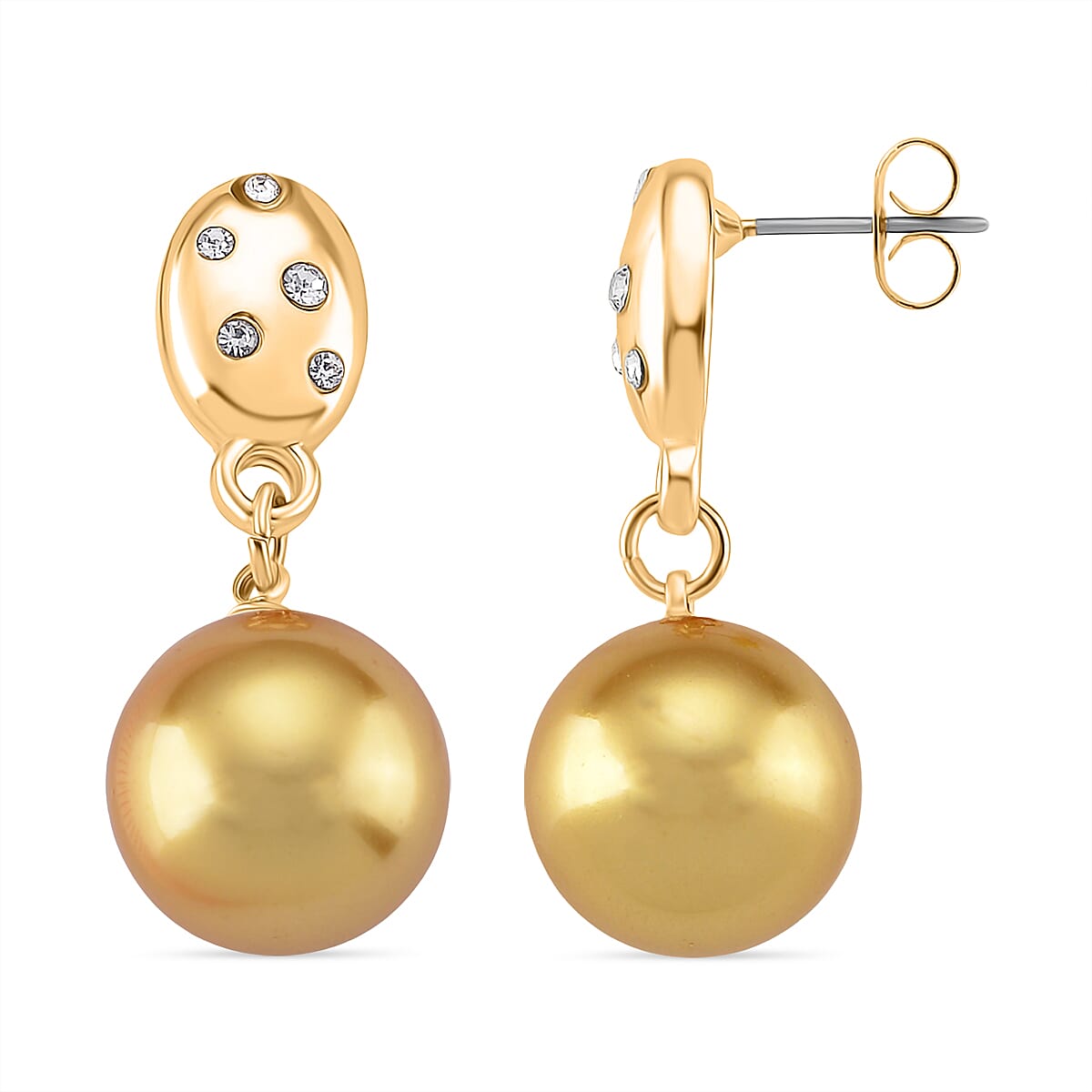 Golden Shell Pearl & Austrian White Crystal Earring with Push Back in Yellow Gold Plated 30.20 Ct.