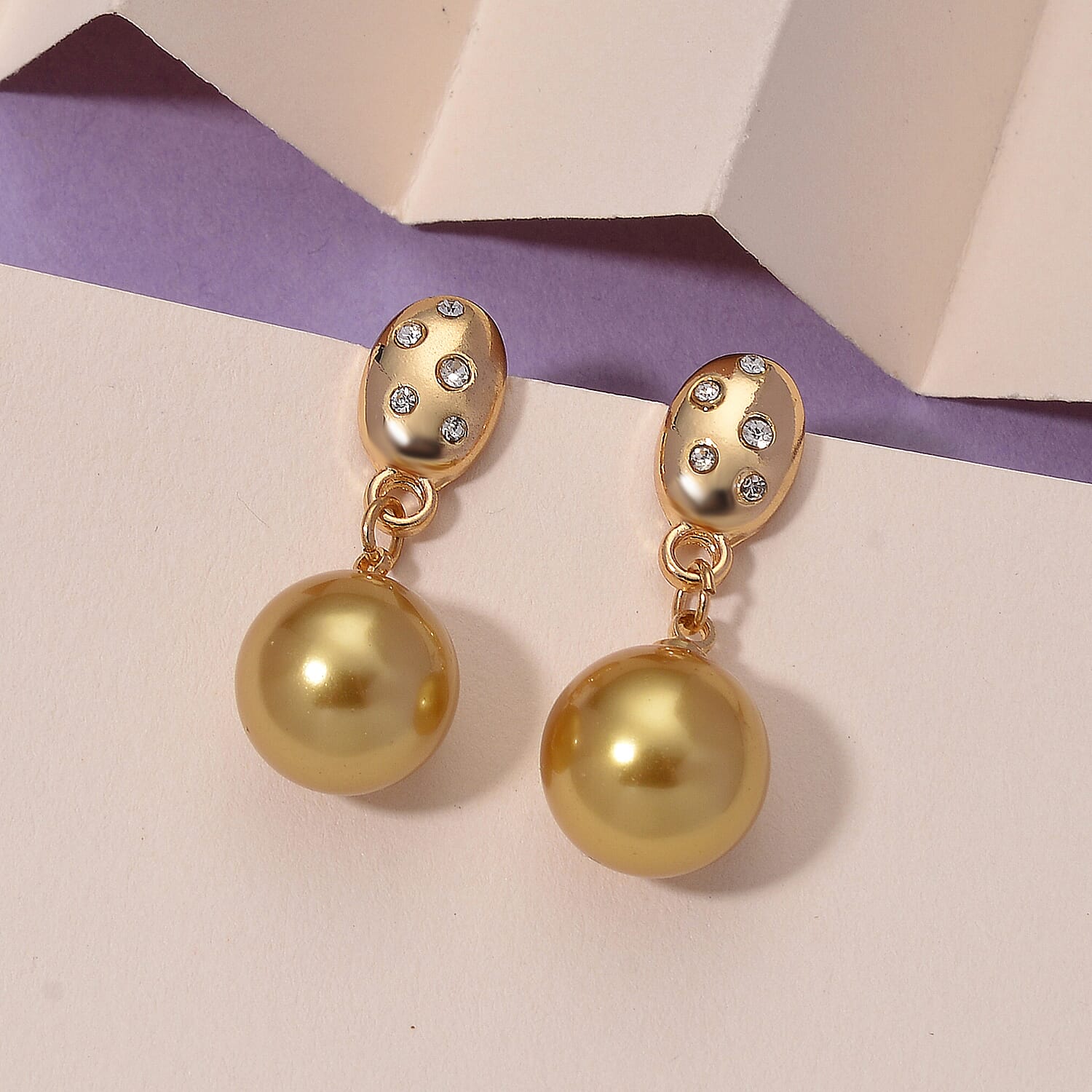Golden Shell Pearl & Austrian White Crystal Earring with Push Back in Yellow Gold Plated 30.20 Ct.