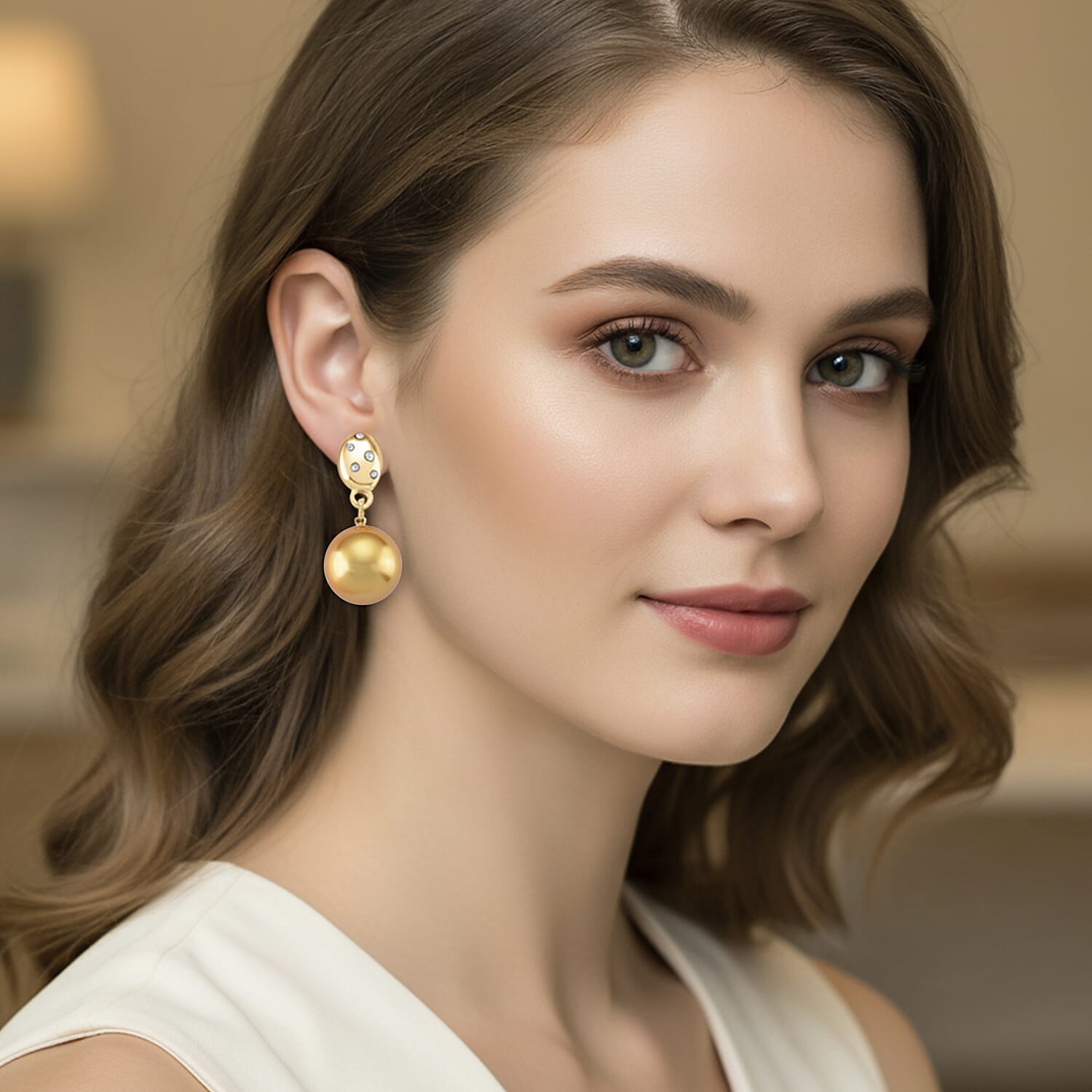 Golden Shell Pearl & Austrian White Crystal Earring with Push Back in Yellow Gold Plated 30.20 Ct.