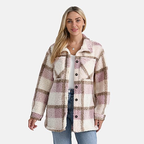 - Maisi Long Checked Shacket (Size XL) - Pink, Brown - Ivory