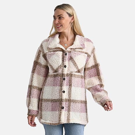- Maisi Long Checked Shacket (Size XL) - Pink, Brown - Ivory