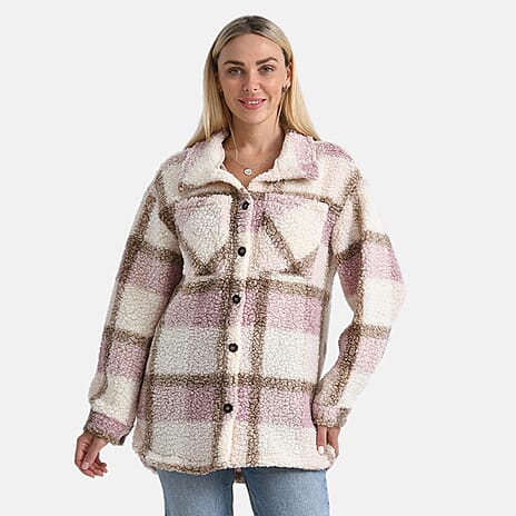 - Maisi Long Checked Shacket (Size XL) - Pink, Brown - Ivory