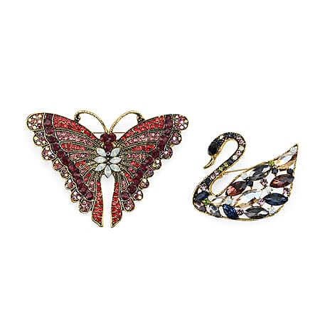 Set of 2 Swan & Butterfly Diamond Brooches - Multi Colour