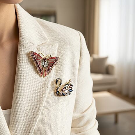 Set of 2 Swan & Butterfly Diamond Brooches - Multi Colour
