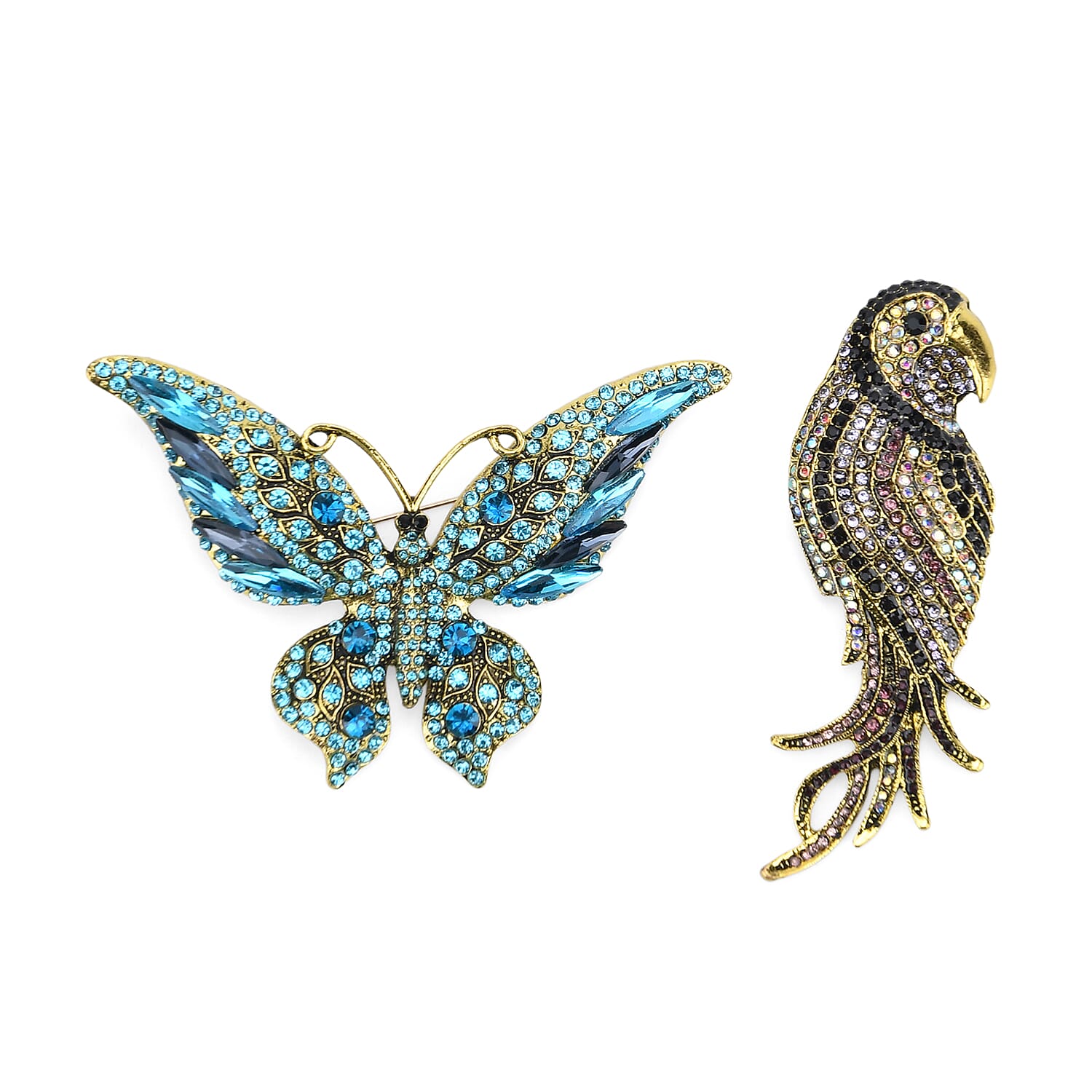 Set of 2 Parrot & Butterfly Diamond Brooches - Multi Colour