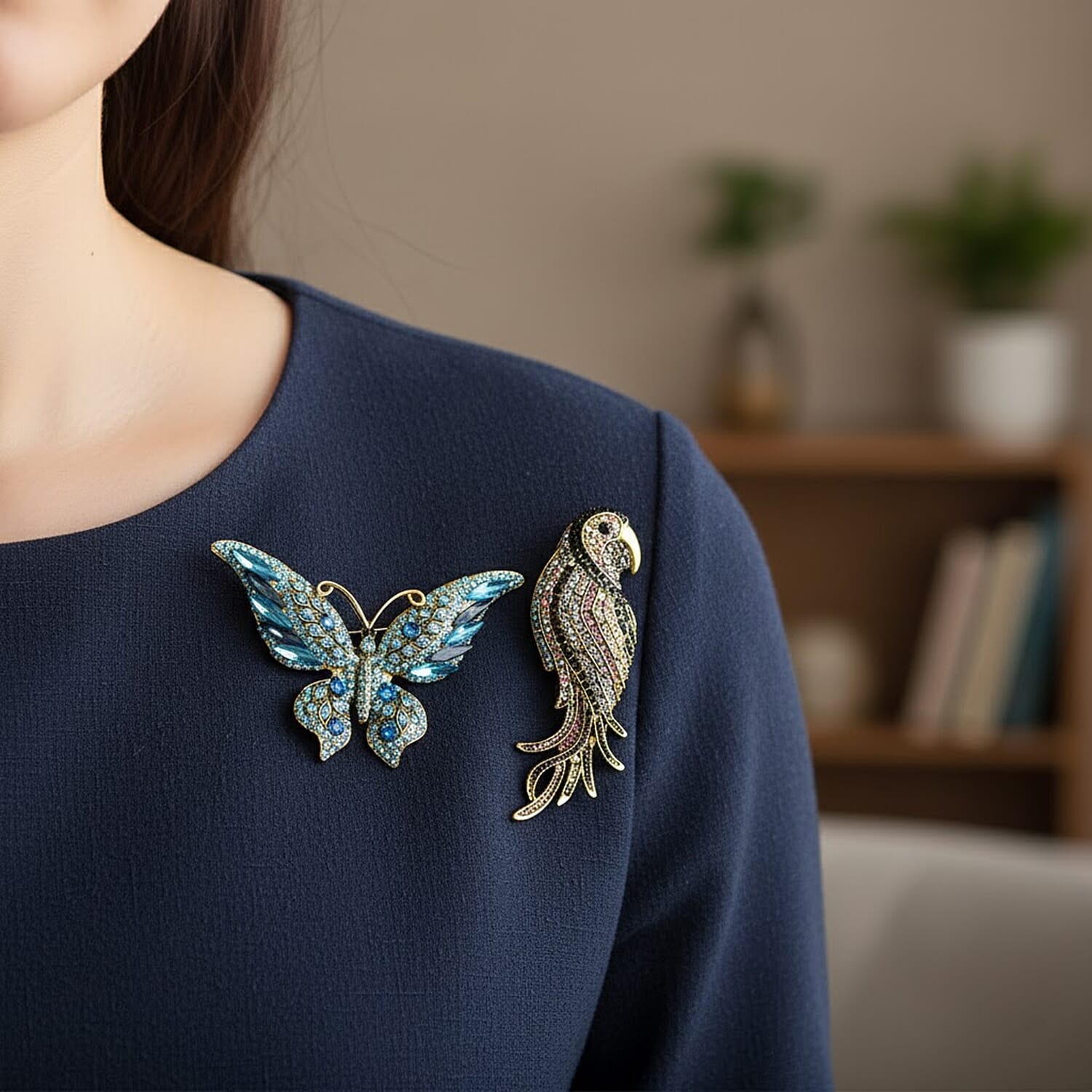 Set of 2 Parrot & Butterfly Diamond Brooches - Multi Colour