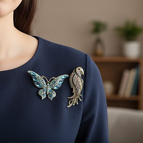 Set of 2 Parrot & Butterfly Diamond Brooches - Multi Colour