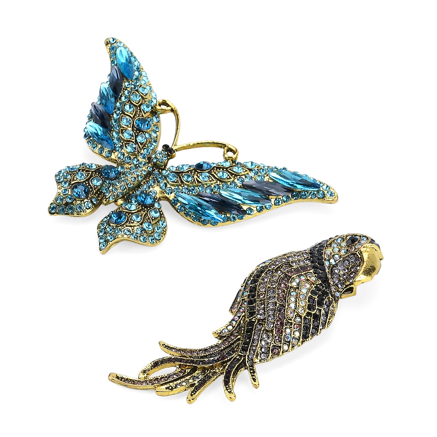 Set of 2 Parrot & Butterfly Diamond Brooches - Multi Colour