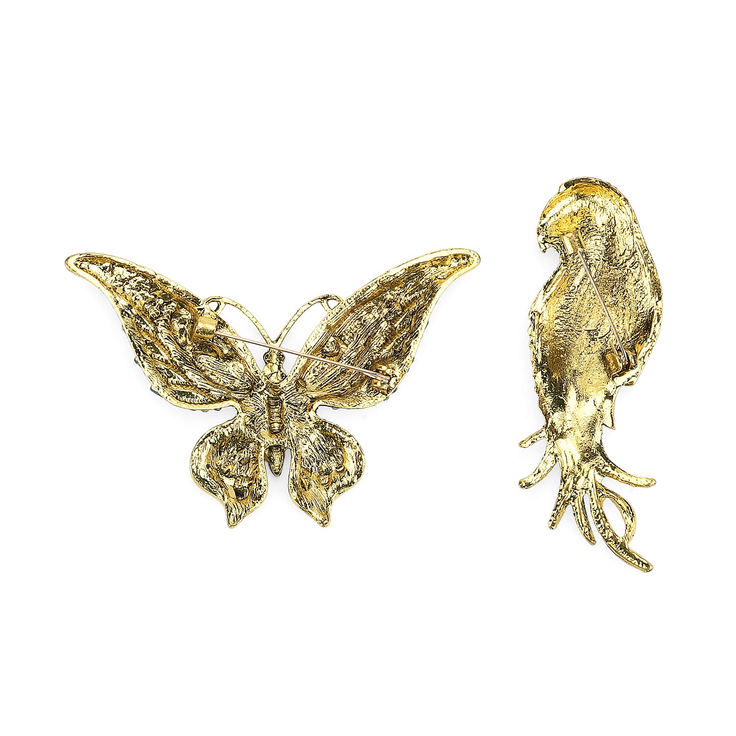 Set of 2 Parrot & Butterfly Diamond Brooches - Multi Colour
