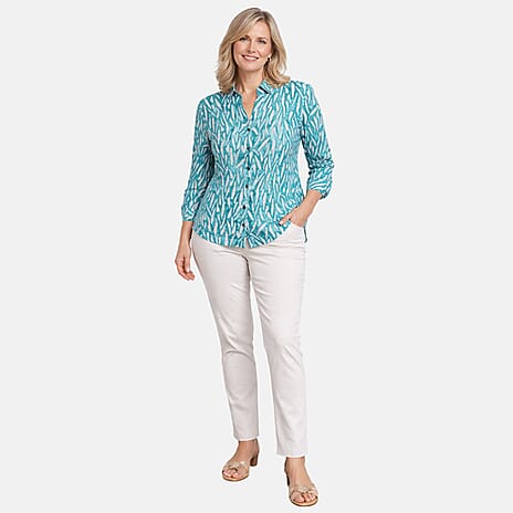 Charlotte West 100% Cotton Printed 3-4 Sleeve Blouse With Side Vent (Size 16) - Teal Blue